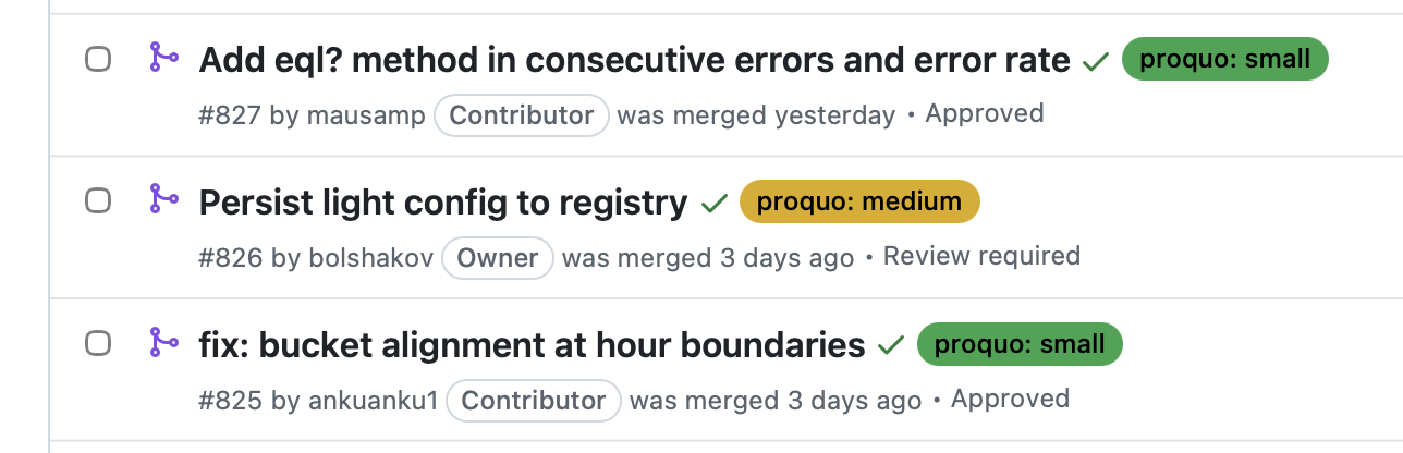 Pull request list, each row tagged with a ProQuo size label